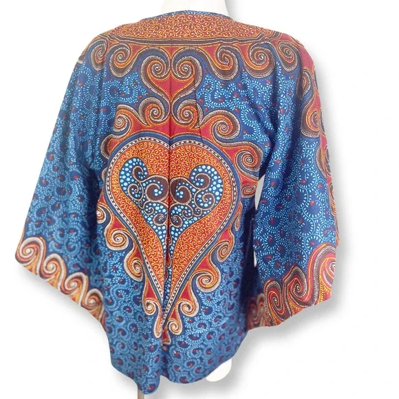 Paranda Talk Of The Town Vintage Batik Batwing Bohemian Ethnic Print V Neck Top - Picture 7 of 8